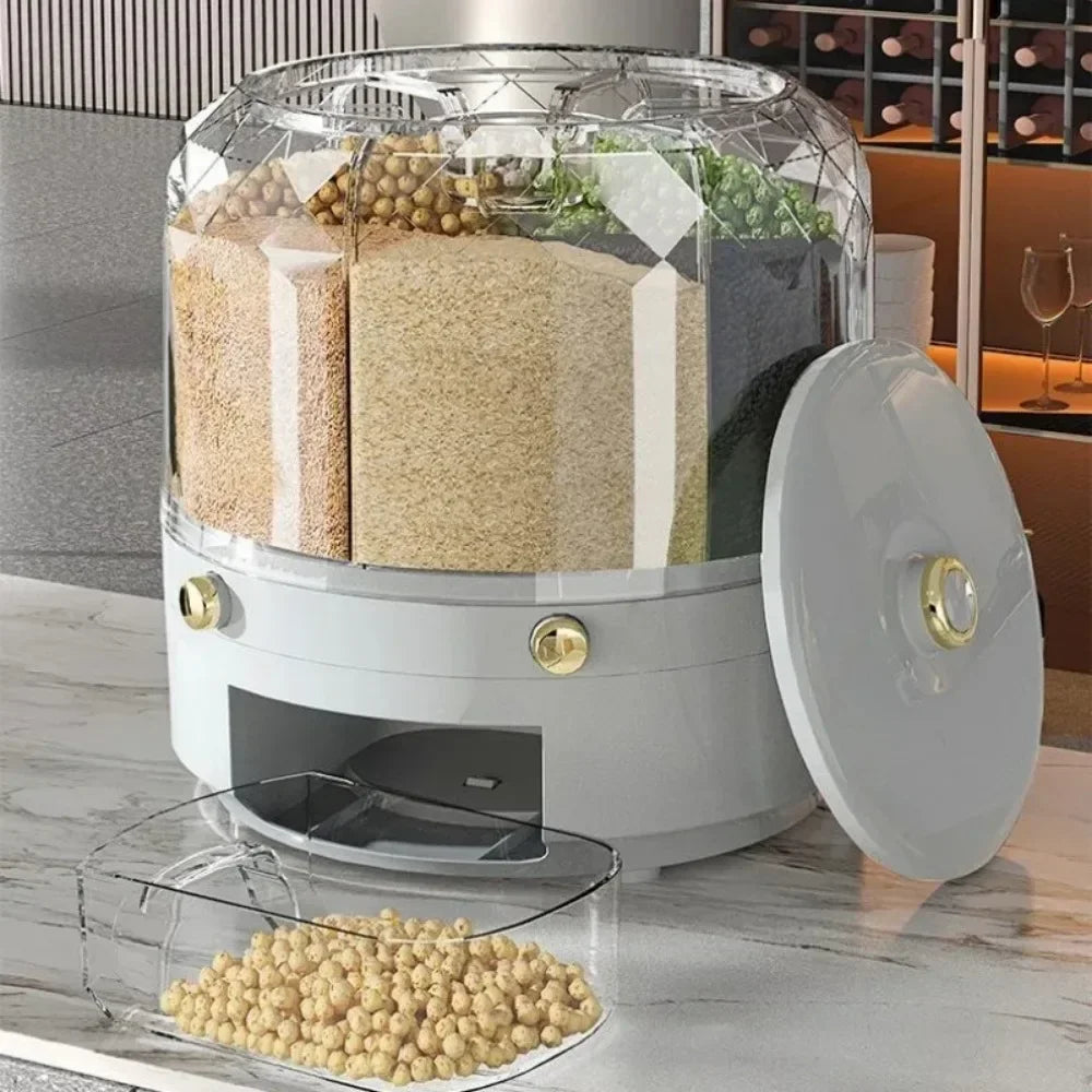 360° Rotating Food Storage Container with 6 Airtight Compartments – Dry Food & Rice Dispenser