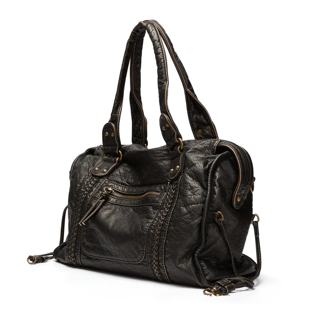 Luxury Black Retro Shoulder Bag – Washed Leather Look with Adjustable Crossbody Strap