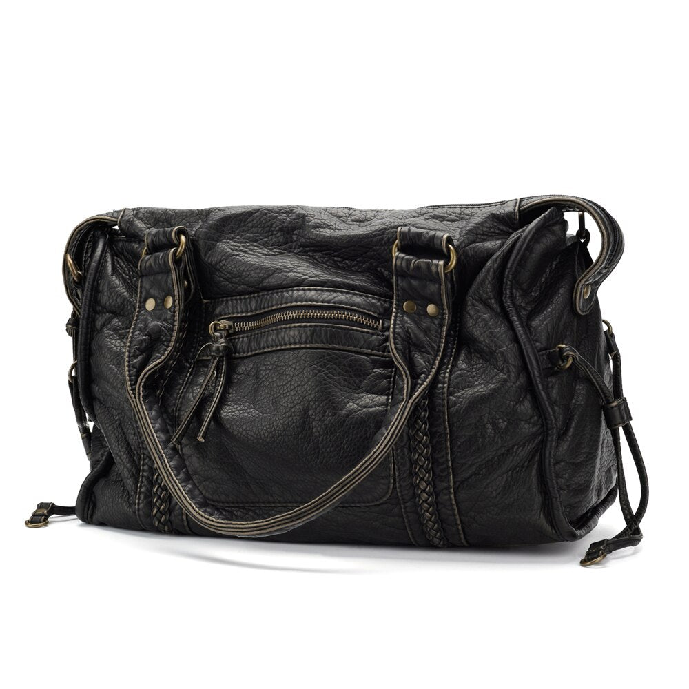 Luxury Black Retro Shoulder Bag – Washed Leather Look with Adjustable Crossbody Strap