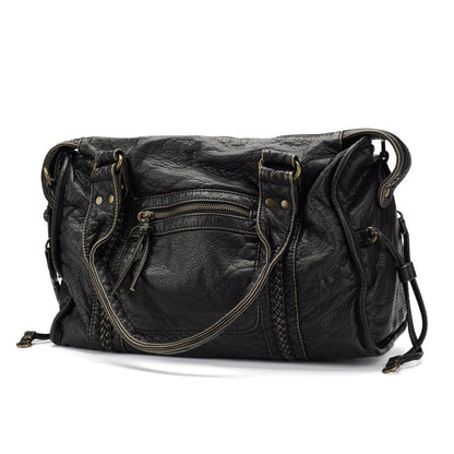 Luxury Black Retro Shoulder Bag – Washed Leather Look with Adjustable Crossbody Strap