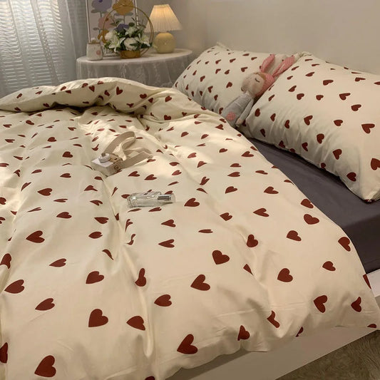 CozyLove | Twin, Full & Queen Duvet Cover Set – Soft Korean-Style Bedding with Heart Design