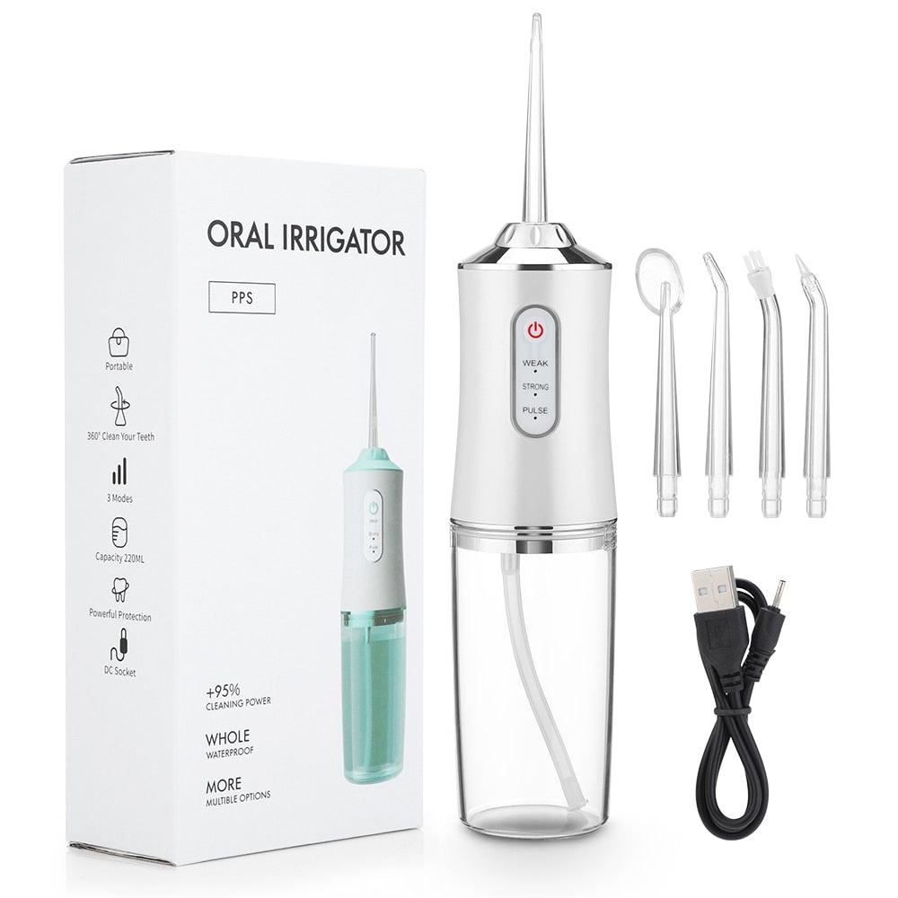Portable Dental Water Flosser – Rechargeable, Adjustable Pressure, 5 Jet Tips