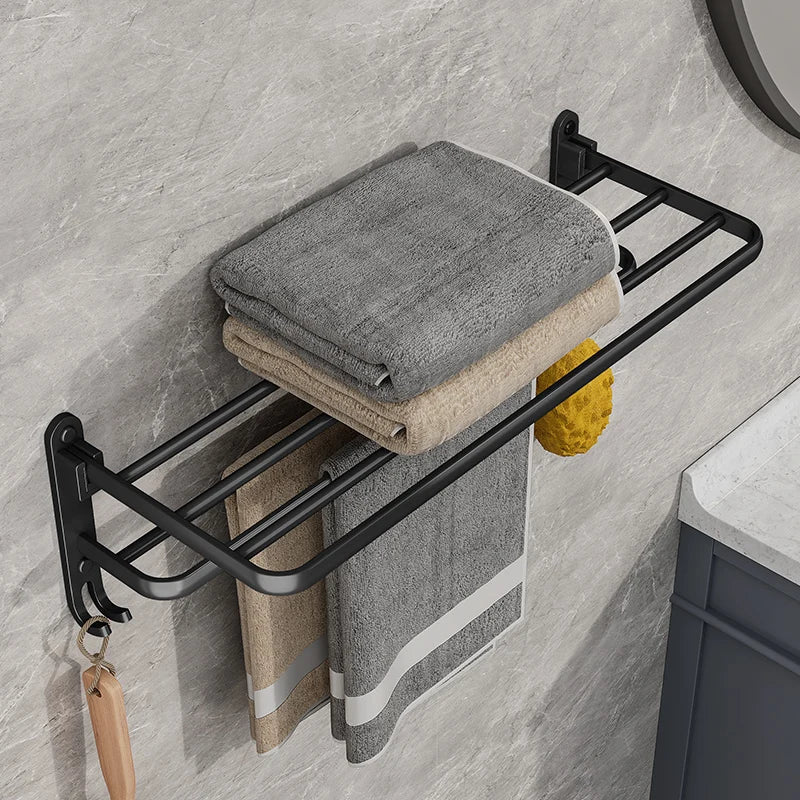 EasyFold Black Wall-Mounted Folding Towel Rack – Space-Saving & Stylish Bathroom Storage