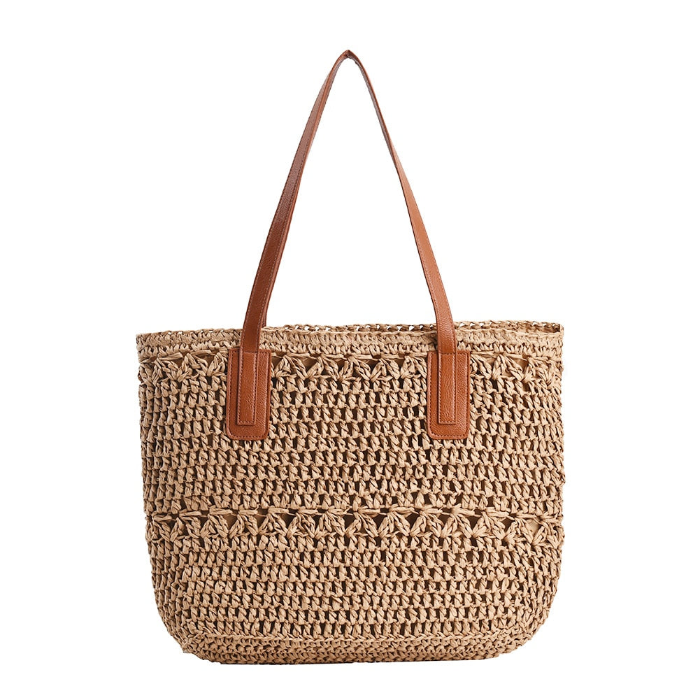 Genevieve | Chic Straw Tote Bag with Genuine Leather Straps – Elegant Summer Handbag