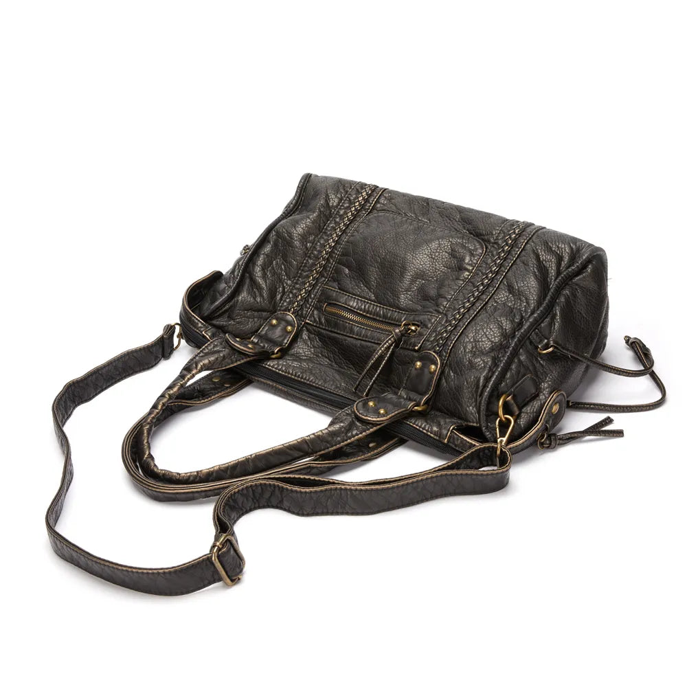 Luxury Black Retro Shoulder Bag – Washed Leather Look with Adjustable Crossbody Strap