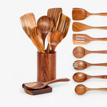 Premium Teak Wood Kitchen Utensil Set – 9-Piece Eco-Friendly Cooking Tools with Holder