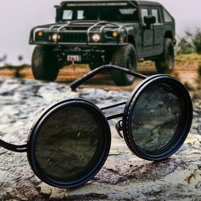 Unisex Round Polarised Sunglasses – Adjustable Light Reduction – Premium Metal Frame