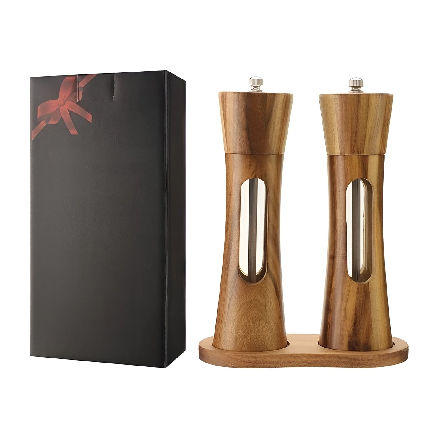 SpiceCraft Manual Salt and Pepper Mill Set – Wooden Design with Acrylic Window Adjustable Grind Levels