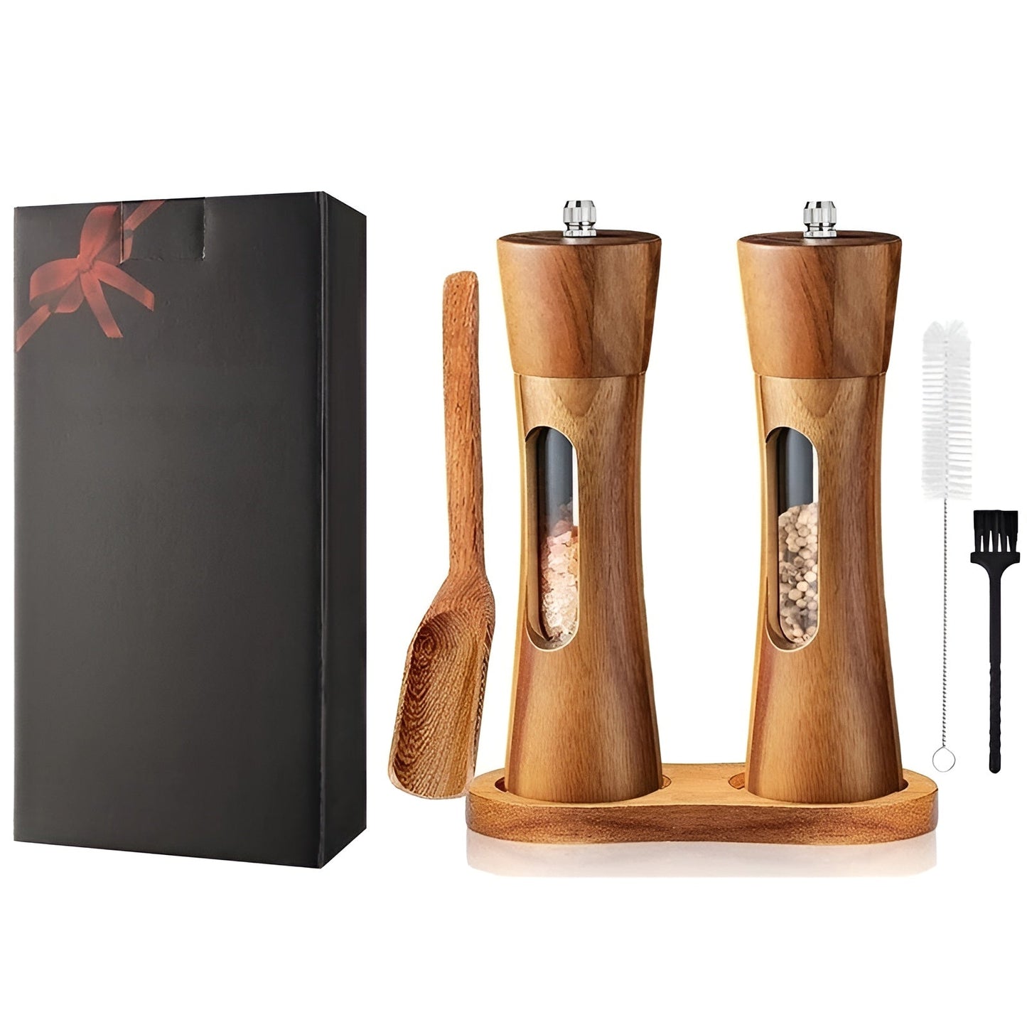 SpiceCraft Manual Salt and Pepper Mill Set – Wooden Design with Acrylic Window Adjustable Grind Levels