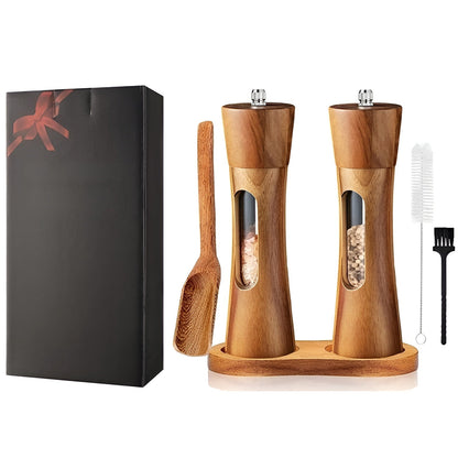 SpiceCraft Manual Salt and Pepper Mill Set – Wooden Design with Acrylic Window Adjustable Grind Levels