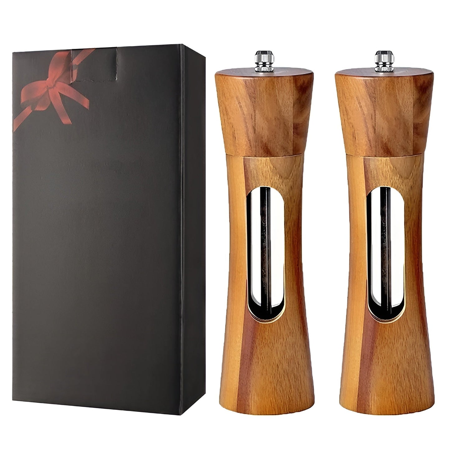 SpiceCraft Manual Salt and Pepper Mill Set – Wooden Design with Acrylic Window Adjustable Grind Levels