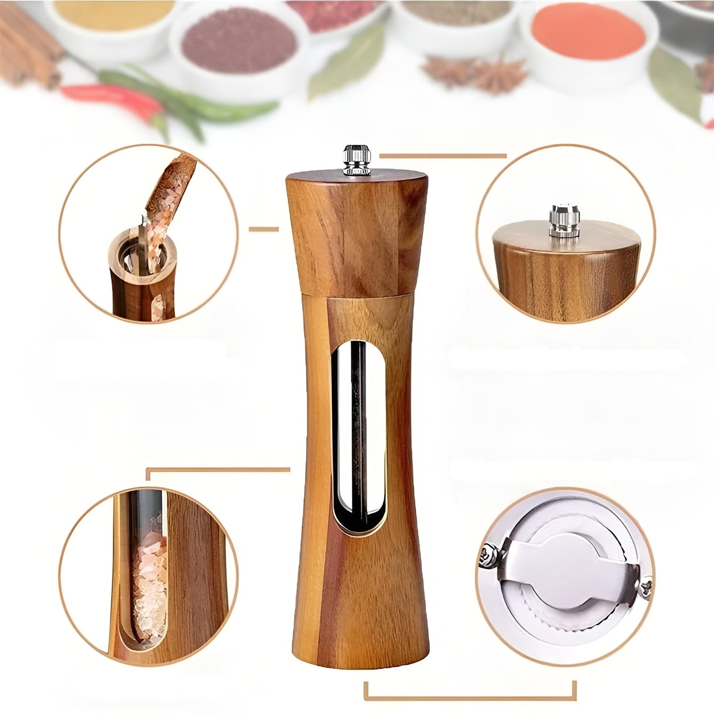 SpiceCraft Manual Salt and Pepper Mill Set – Wooden Design with Acrylic Window Adjustable Grind Levels
