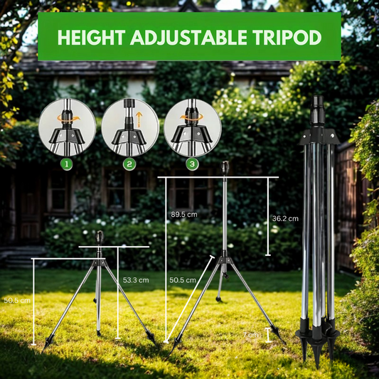 Adjustable 360° Garden Sprinkler on Tripod – Stainless Steel Height-Adjustable Lawn Irrigation System