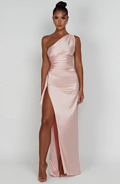 Eliana – Off-Shoulder Pleated Satin Dress