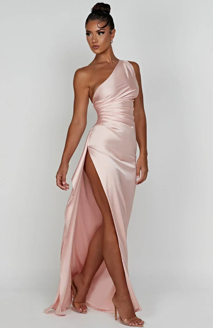 Eliana – Off-Shoulder Pleated Satin Dress