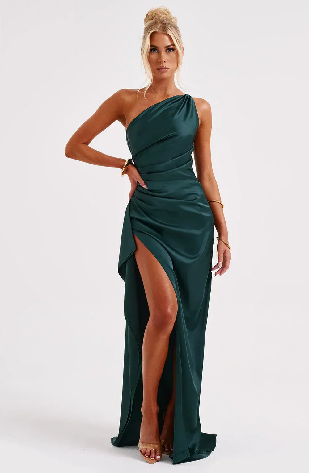 Eliana – Off-Shoulder Pleated Satin Dress