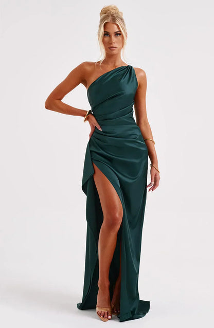 Eliana – Off-Shoulder Pleated Satin Dress