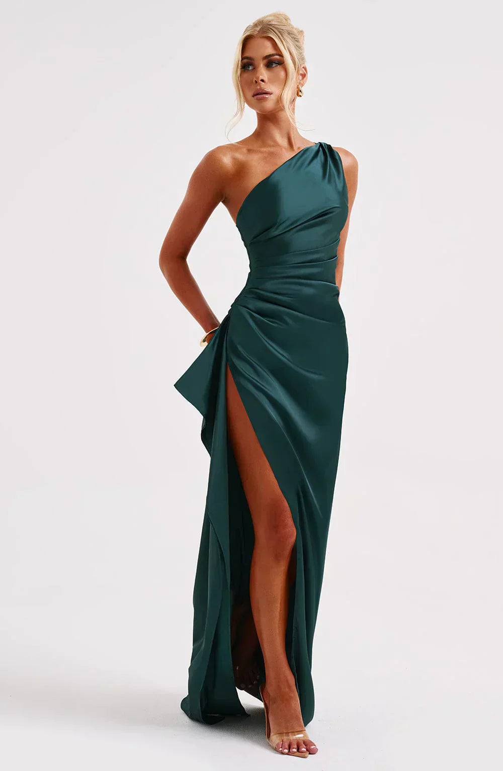 Eliana – Off-Shoulder Pleated Satin Dress