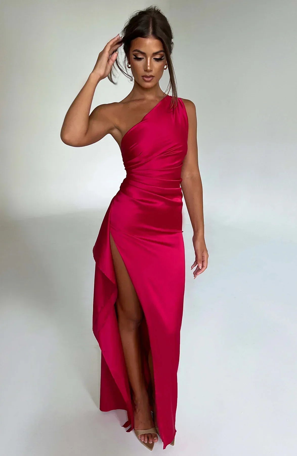 Eliana – Off-Shoulder Pleated Satin Dress