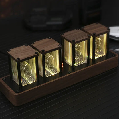 Retro Tube Digital Clock with Wi-Fi Time Sync & Walnut Wood Finish – USB Powered LED Display
