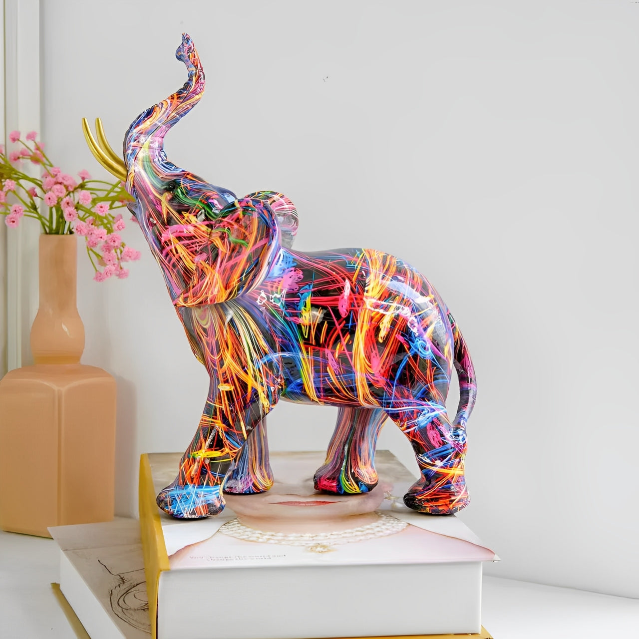 Abstract Elephant Statue – Colourful African Design with Raised Trunk for Good Luck