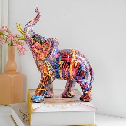 Abstract Elephant Statue – Colourful African Design with Raised Trunk for Good Luck