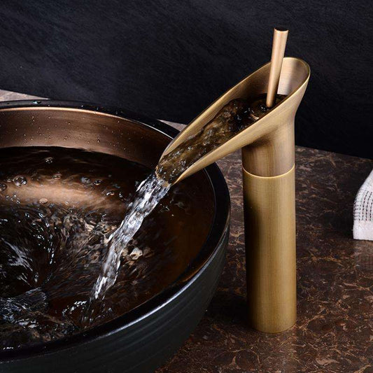 Antique Brass Waterfall Basin Tap – Vintage Bathroom Mixer Faucet with Hot & Cold Control
