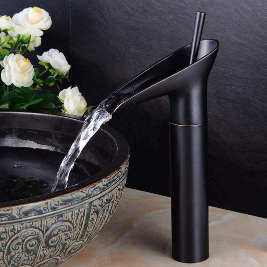 Antique Brass Waterfall Basin Tap – Vintage Bathroom Mixer Faucet with Hot & Cold Control