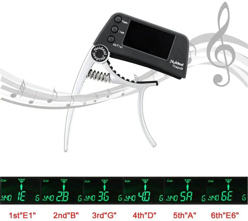 2-in-1 Guitar Capo and Tuner – Clip-On Digital Tuner for Acoustic, Electric, Bass, Ukulele & More