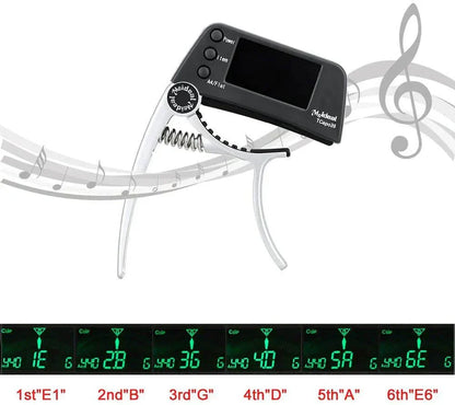 2-in-1 Guitar Capo and Tuner – Clip-On Digital Tuner for Acoustic, Electric, Bass, Ukulele & More