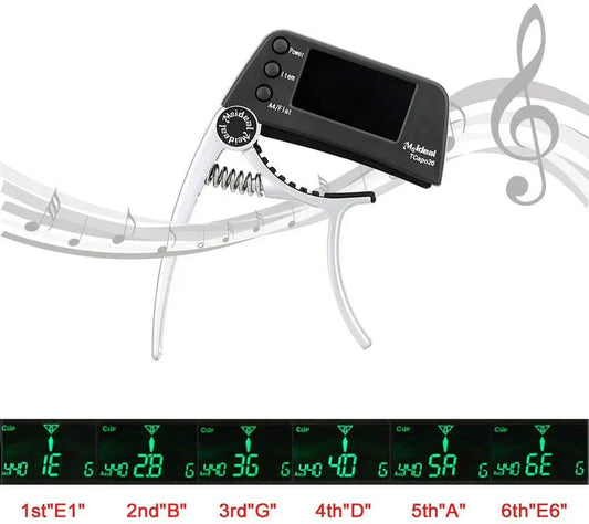 2-in-1 Guitar Capo and Tuner – Clip-On Digital Tuner for Acoustic, Electric, Bass, Ukulele & More