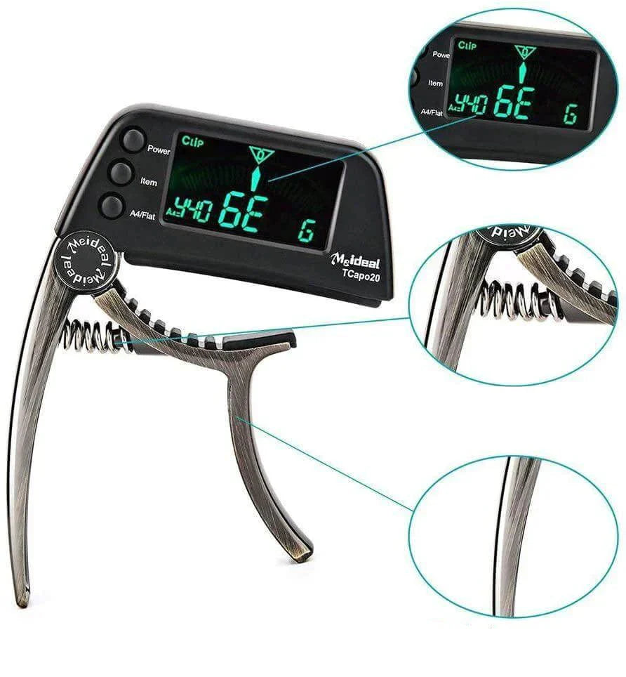 2-in-1 Guitar Capo and Tuner – Clip-On Digital Tuner for Acoustic, Electric, Bass, Ukulele & More