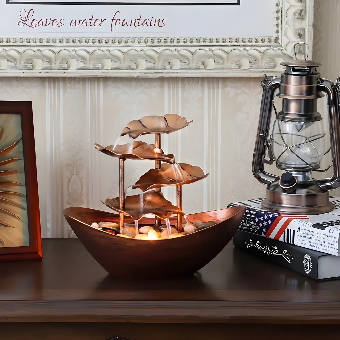 IronLeaf Fountain – Vintage Iron Leaf Tabletop Fountain with LED Light for Home & Office Decor