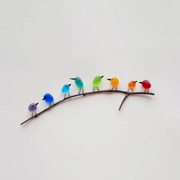 Colourful Bird Wall Art – Recycled Sea Glass Birds on Branch | Nature-Inspired Home Decor