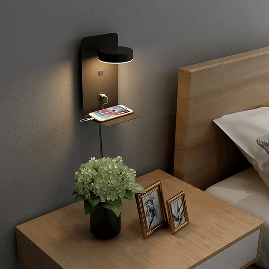 Multi-Angle Bedside Lamp with USB Charging Station & Built-In Shelf – Adjustable LED Lighting
