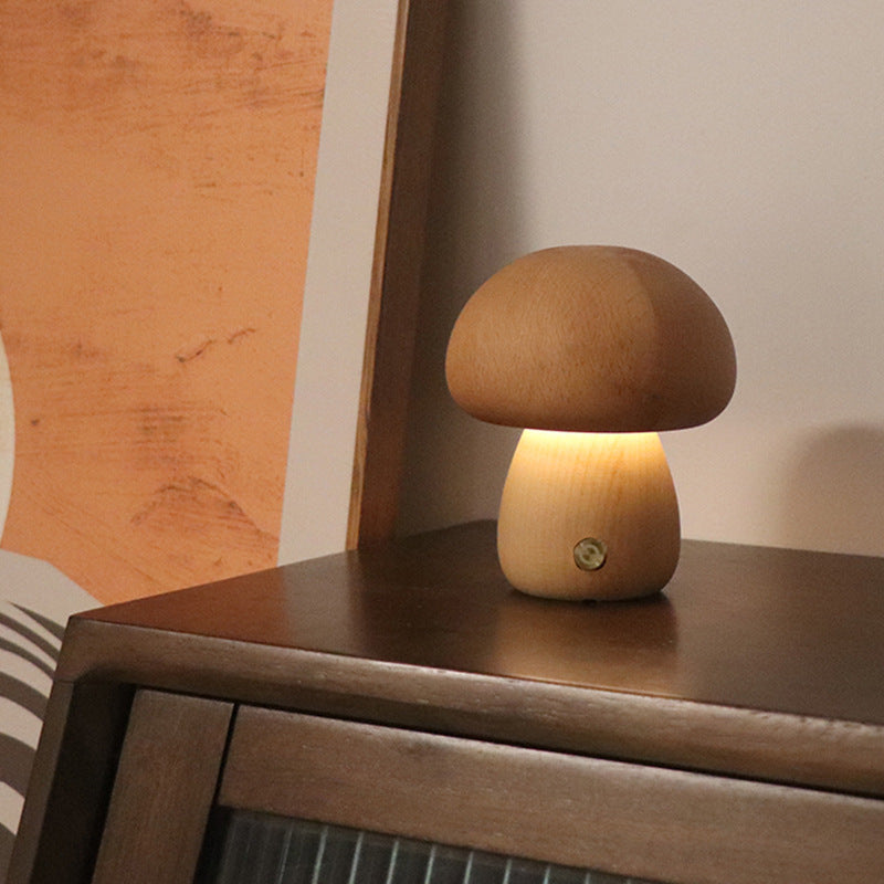 LumoNight Wooden Mushroom Night Light – LED Bedside Lamp with Touch Control