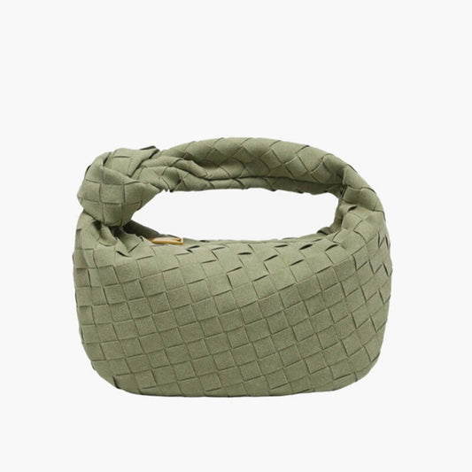 Elsa – Stylish Mini Suede Bag with Woven Knot Design & Gold Accents