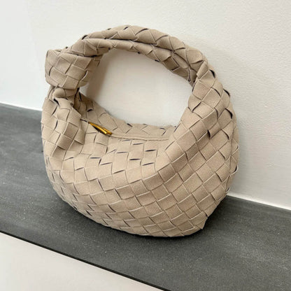 Elsa – Stylish Mini Suede Bag with Woven Knot Design & Gold Accents