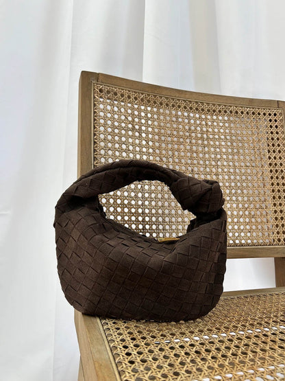 Elsa – Stylish Mini Suede Bag with Woven Knot Design & Gold Accents