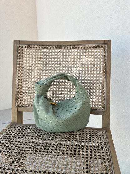 Elsa – Stylish Mini Suede Bag with Woven Knot Design & Gold Accents
