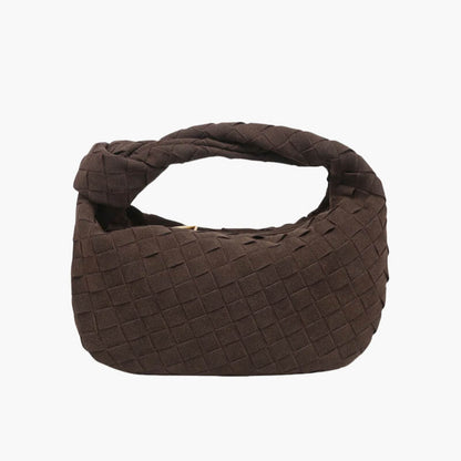 Elsa – Stylish Mini Suede Bag with Woven Knot Design & Gold Accents