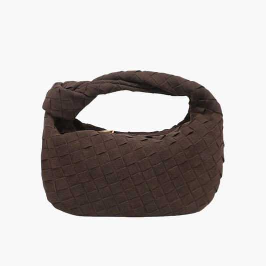 Elsa – Stylish Mini Suede Bag with Woven Knot Design & Gold Accents