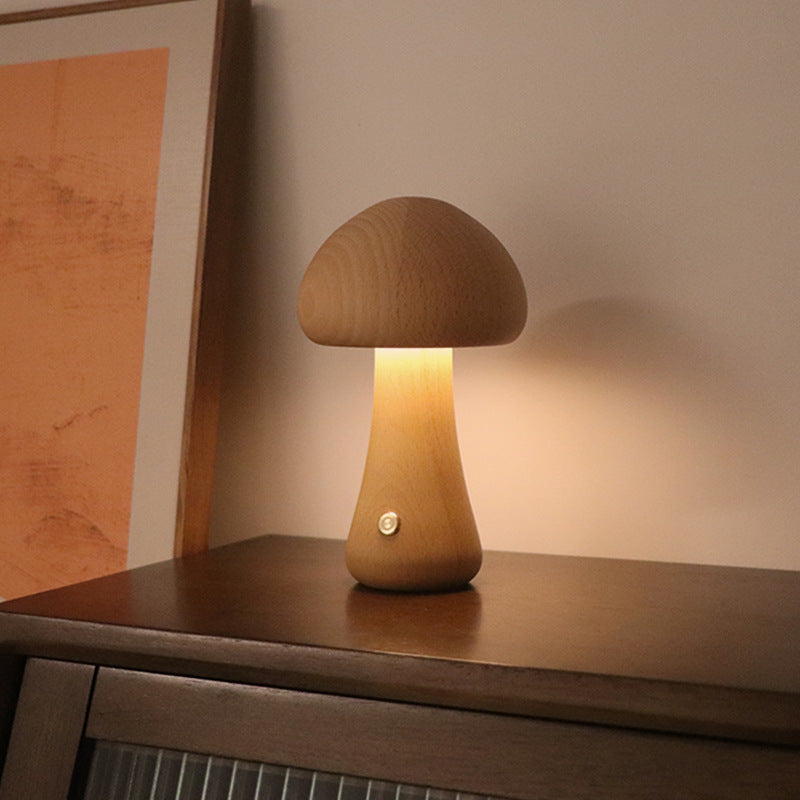 LumoNight Wooden Mushroom Night Light – LED Bedside Lamp with Touch Control