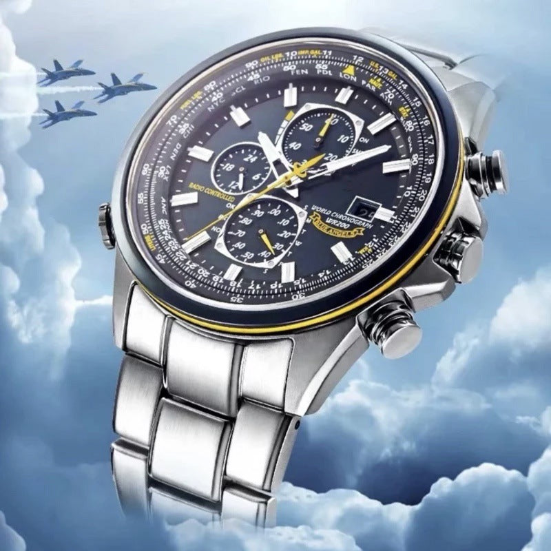 AeroMaster – Stylish & Functional Pilot Watch with World Time & Radio Signal Sync