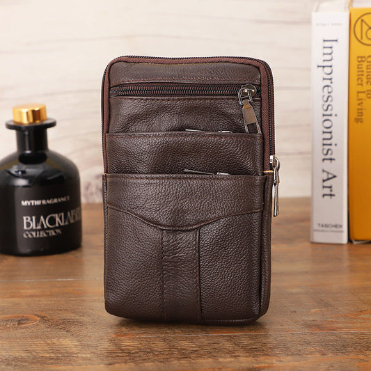 Men’s Genuine Leather Waist Bag – Crossbody Design with Phone Holder & Zip Compartments