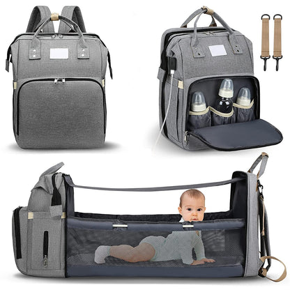 All-in-One Smart Mummy Nappy Bag with Foldable Baby Bed – USB Charging & Waterproof Design