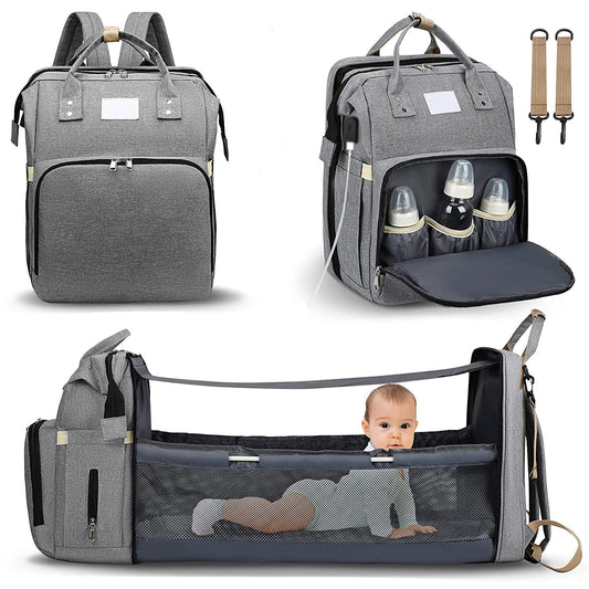All-in-One Smart Mummy Nappy Bag with Foldable Baby Bed – USB Charging & Waterproof Design