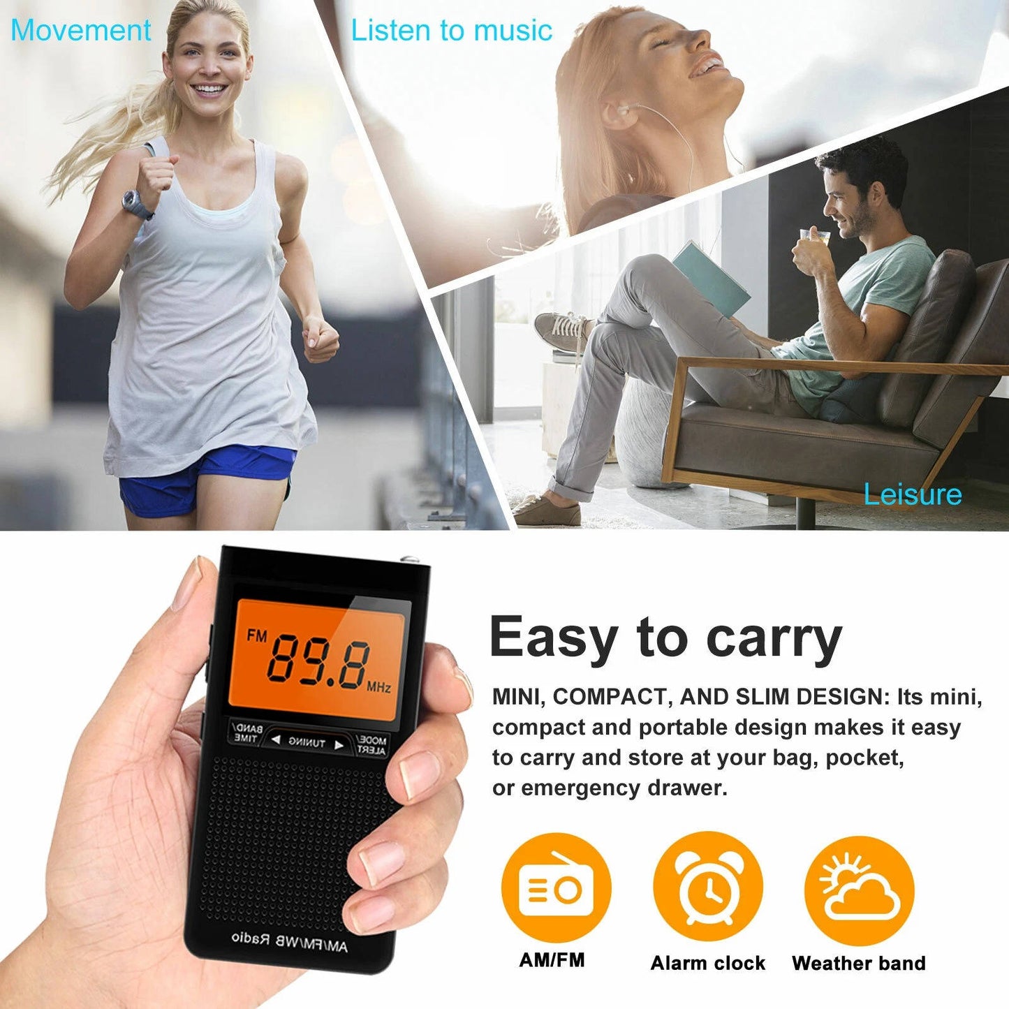 Portable AM/FM Pocket Radio with Weather Alerts and Digital Tuning