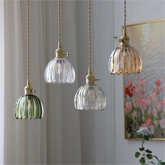 Japanese Retro Glass Flower Pendant Light – Elegant Vintage Hanging Lamp