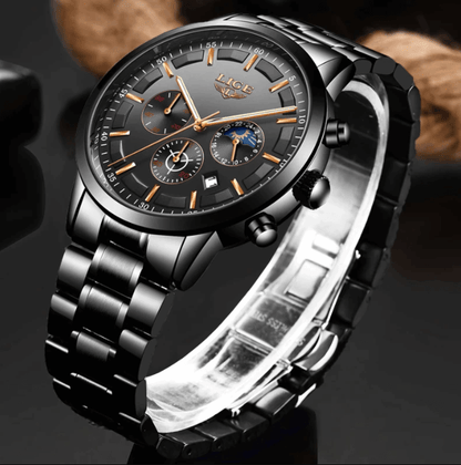 Military Black Steel Watch – Men's Stainless Steel Wristwatch with Day, Date & Night Display